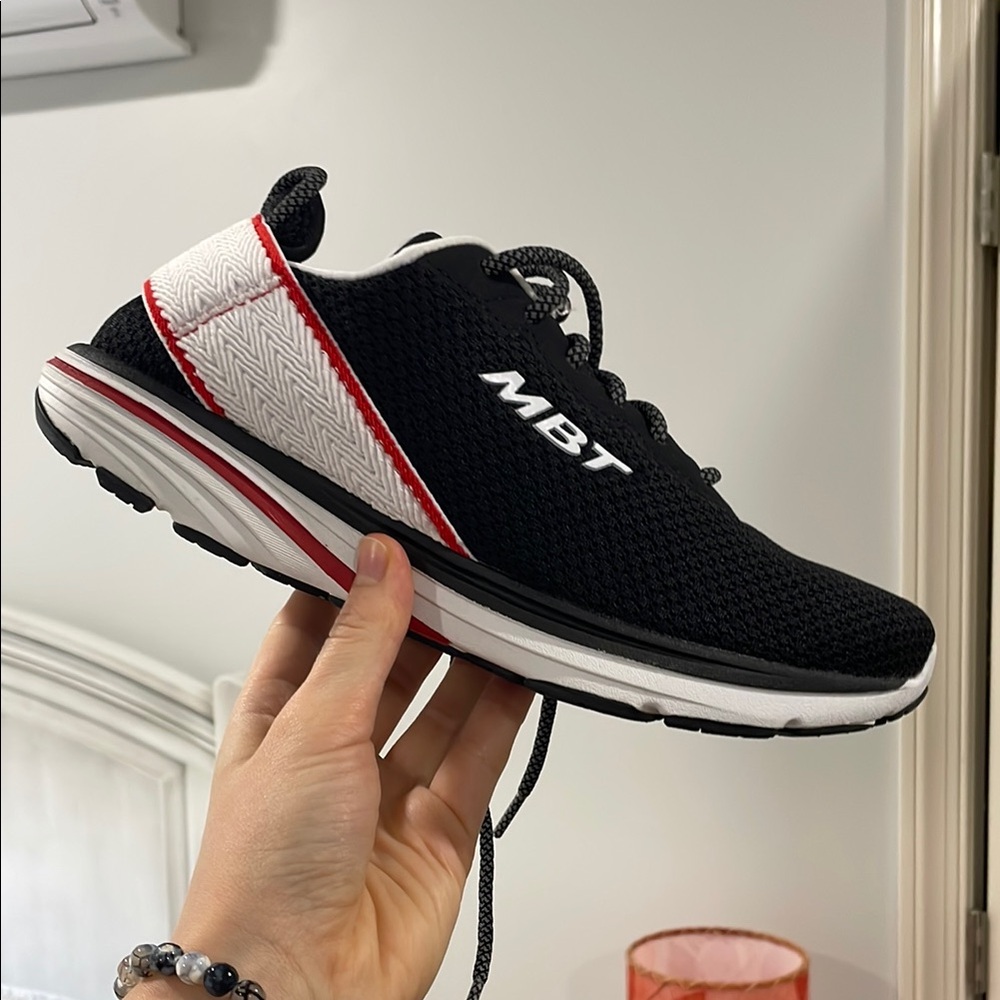 MBT Gadi Lace Up Black and White Shoes with Red Accents